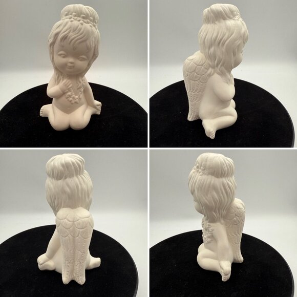 Vtg Ceramic Bisque Angel Figurines Sitting Kneeling Lying Down Greenware Set/3 - Picture 4 of 7